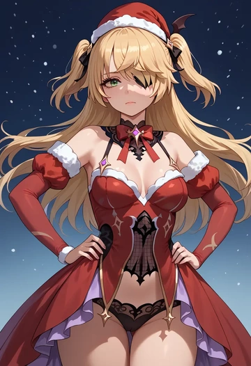 genshin impact,fischl_(genshin_impact),Christmas,red velvet dress  - AI generated anime art