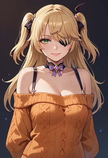 genshin impact,fischl_(genshin_impact),orange,sweater,choker  - AI generated anime art