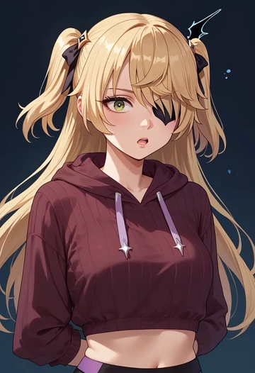 genshin impact,fischl_(genshin_impact),hoodie,cropped,high-waisted joggers  - AI generated anime art