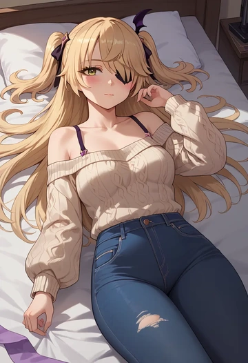 genshin impact,fischl_(genshin_impact),sweater,off-shoulder,ripped jeans  - AI generated anime art