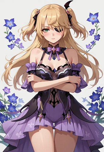 genshin impact,fischl_(genshin_impact),silk slip dress,floral prints  - AI generated anime art