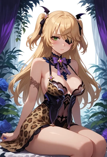 genshin impact,fischl_(genshin_impact),leopard print,silk slip dress  - AI generated anime art