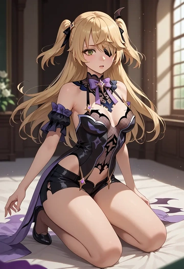 genshin impact,fischl_(genshin_impact),leather,shorts  - AI generated anime art