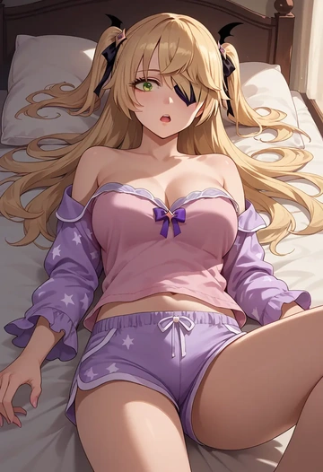 genshin impact,fischl_(genshin_impact),pajamas, low-waisted shorts  - AI generated anime art