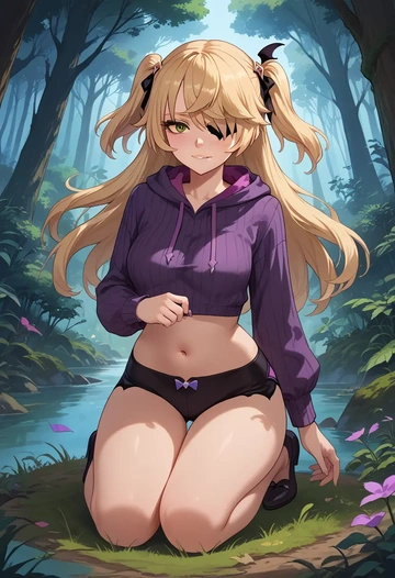 genshin impact,fischl_(genshin_impact),hoodie,cropped,high-waisted joggers  - AI generated anime art