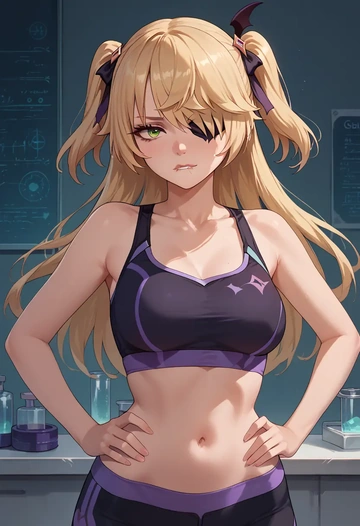 genshin impact,fischl_(genshin_impact),sports bra,wide-leg joggers  - AI generated anime art