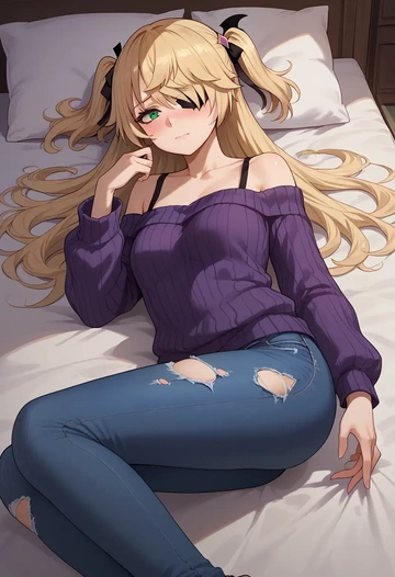 genshin impact,fischl_(genshin_impact),sweater,off-shoulder,ripped jeans  - AI generated anime art