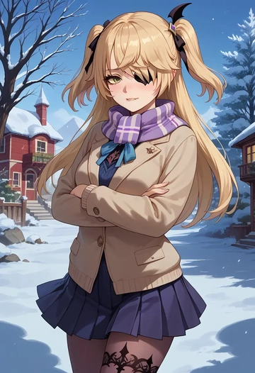 genshin impact,fischl_(genshin_impact),winter,student uniform,puffer jacket  - AI generated anime art