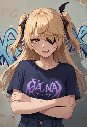 genshin impact,fischl_(genshin_impact),crop graffiti tee,dolphin shorts  - AI generated anime art