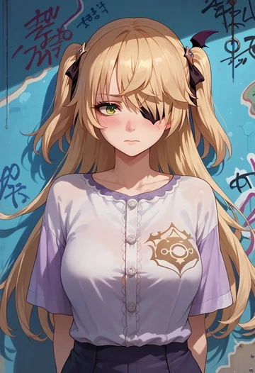 genshin impact,fischl_(genshin_impact),oversized graffiti shirt,dolphin shorts  - AI generated anime art