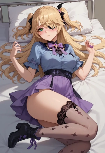 genshin impact,fischl_(genshin_impact),shirt dress,belted,stockings  - AI generated anime art