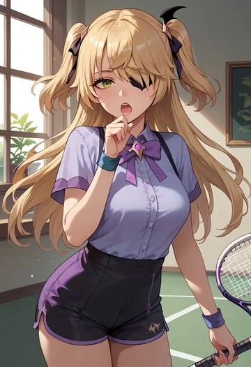 genshin impact,fischl_(genshin_impact),tennis polo,skort  - AI generated anime art