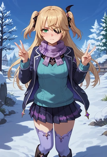 genshin impact,fischl_(genshin_impact),winter,student uniform,puffer jacket  - AI generated anime art