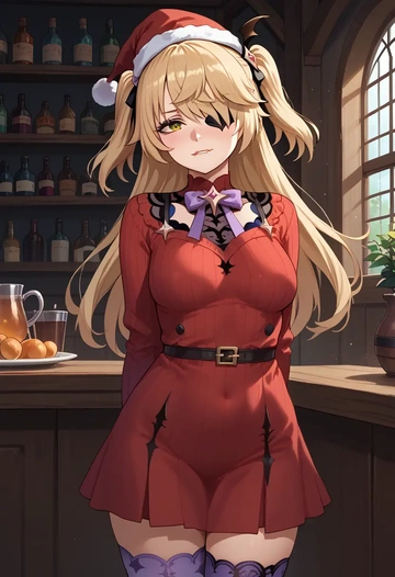 genshin impact,fischl_(genshin_impact),Christmas,sweater dress,stockings  - AI generated anime art