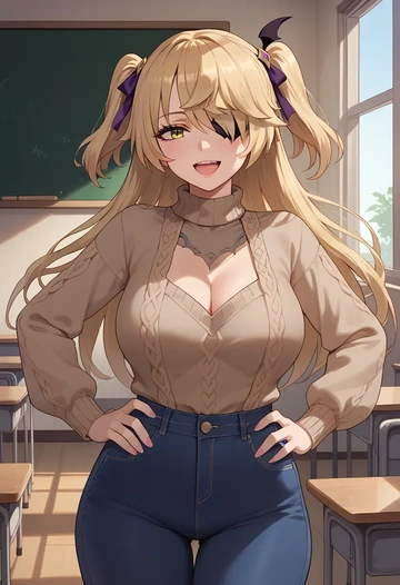 genshin impact,fischl_(genshin_impact),teacher, sweater, jeans shorts  - AI generated anime art