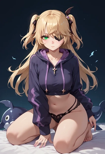 genshin impact,fischl_(genshin_impact),crop hoodie,shorts  - AI generated anime art