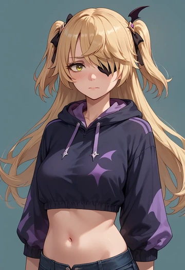 genshin impact,fischl_(genshin_impact),crop hoodie,shorts  - AI generated anime art