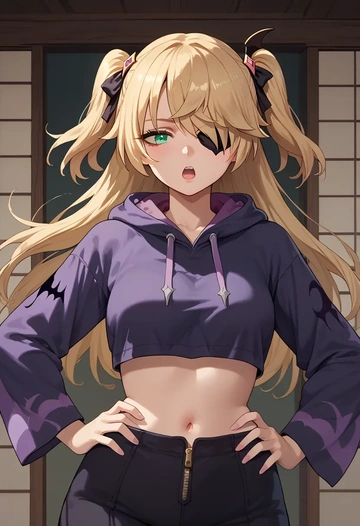 genshin impact,fischl_(genshin_impact),crop hoodie,shorts  - AI generated anime art