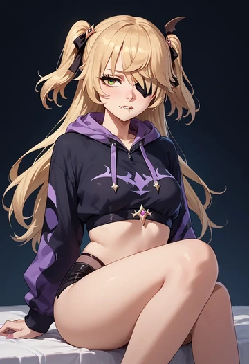 genshin impact,fischl_(genshin_impact),crop hoodie,shorts  - AI generated anime art