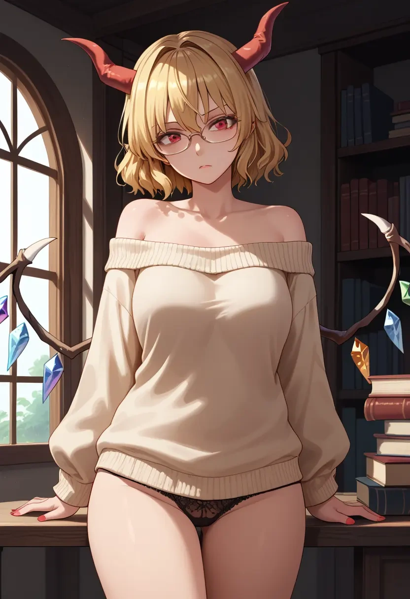 touhou,flandre_scarlet,sweater,panties,off-shoulder,glasses,sexy  - 