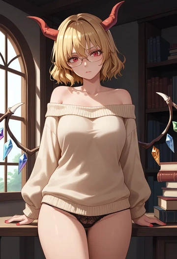 touhou,flandre_scarlet,sweater,panties,off-shoulder,glasses,sexy  - AI generated anime art