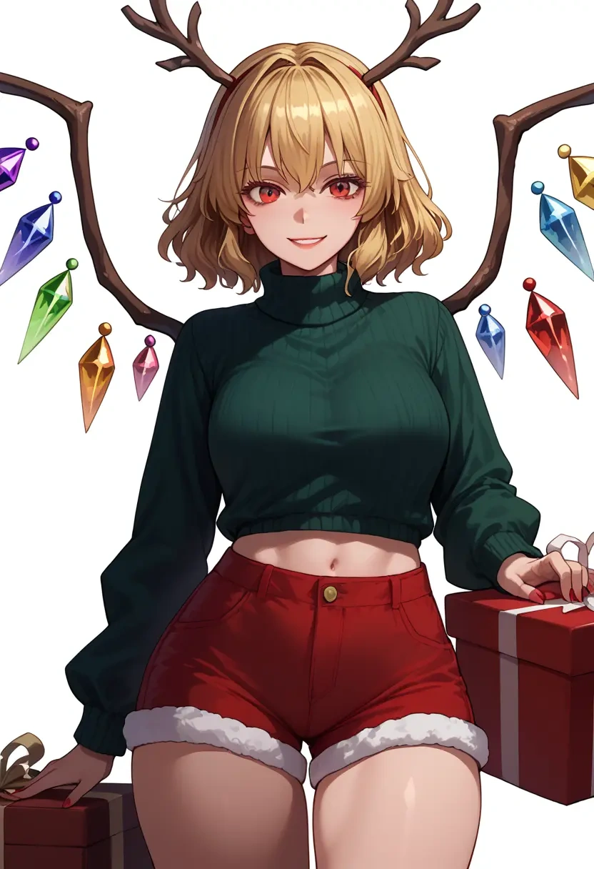 touhou,flandre_scarlet,Christmas,red velvet shorts,turtleneck sweater  - 