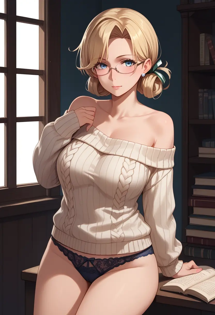 kantai_collection,fletcher_(kancolle),off-shoulder,panties,glasses,sweater  - 