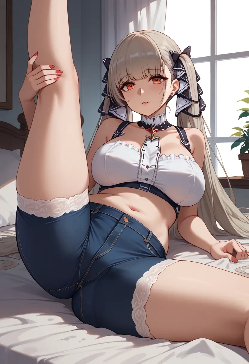 azur_lane,formidable_(azur_lane),jeans shorts,spread legs,one leg up,sexy  - 