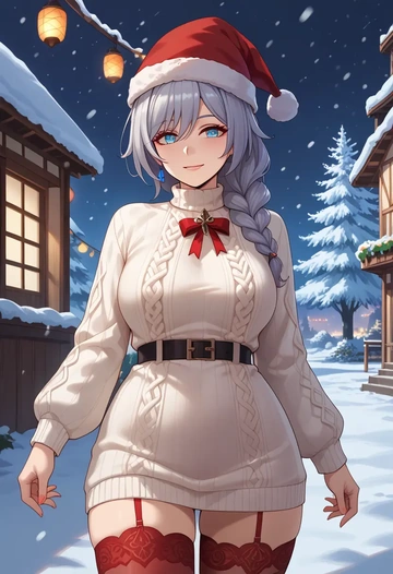 honkai_(series),fu_hua,Christmas,sweater dress,stockings  - AI generated anime art