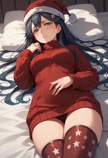 kantai_collection,fubuki_(kancolle),Christmas,sweater dress,stockings  - AI generated anime art