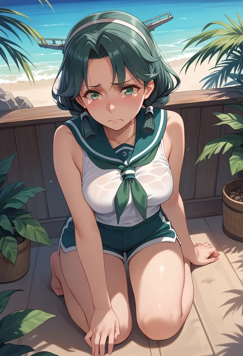 kantai_collection,fubuki_(kancolle),sleeveless swim top,shorts-style bottom,contrast stitching  - 