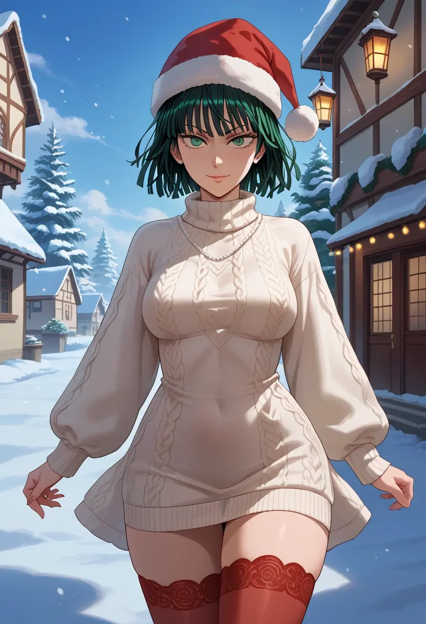 one-punch_man,fubuki_(one-punch_man),Christmas,sweater dress,stockings  - 