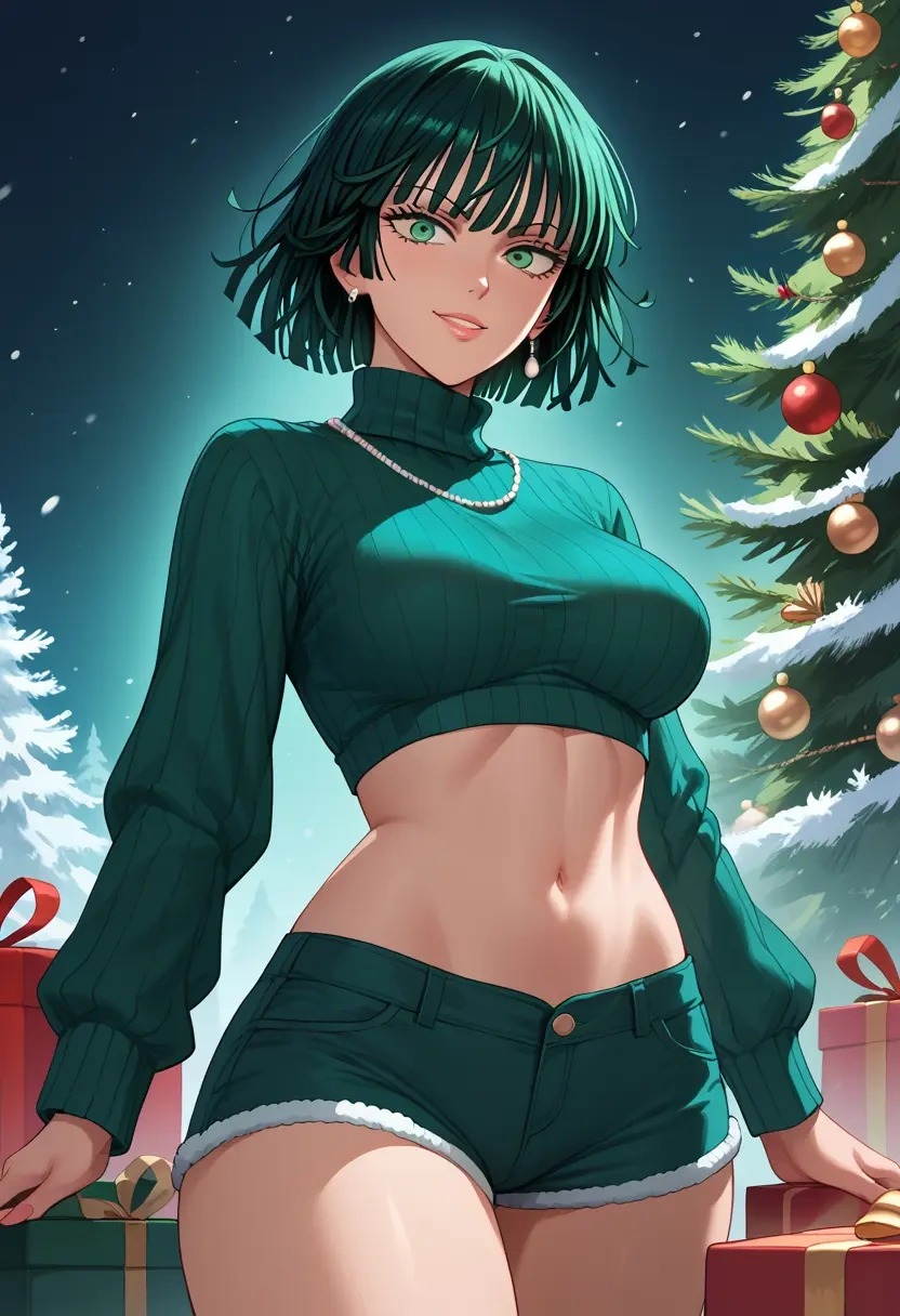 one-punch_man,fubuki_(one-punch_man),Christmas,red velvet shorts,turtleneck sweater  - 