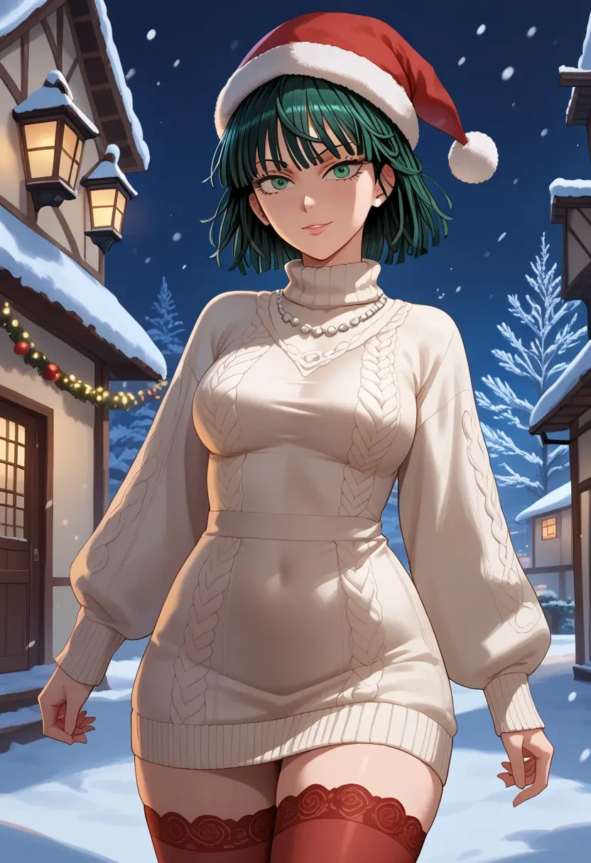 one-punch_man,fubuki_(one-punch_man),Christmas,sweater dress,stockings  - 