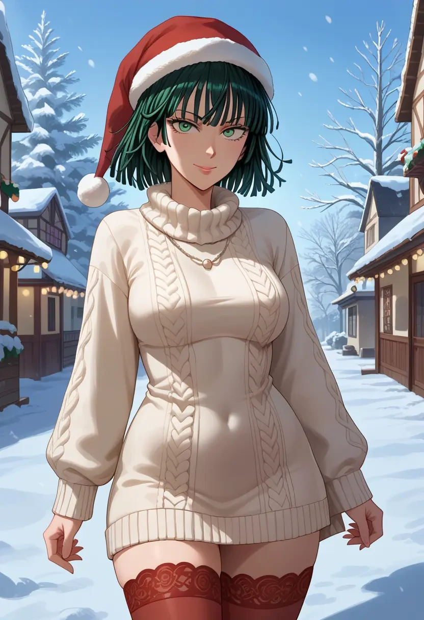 one-punch_man,fubuki_(one-punch_man),Christmas,sweater dress,stockings  - 