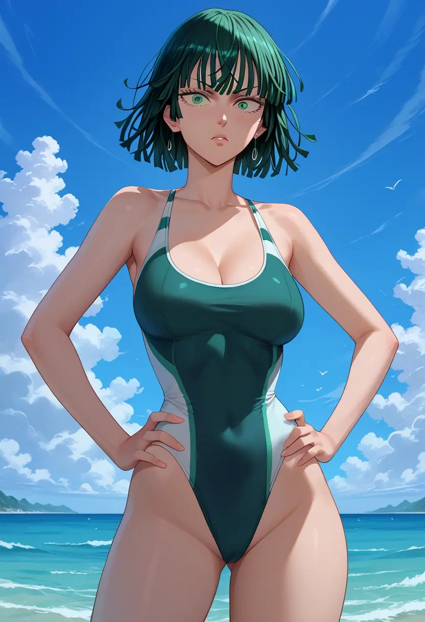 one-punch_man,fubuki_(one-punch_man),racerback swimsuit,striped trim,name tag patch  - 