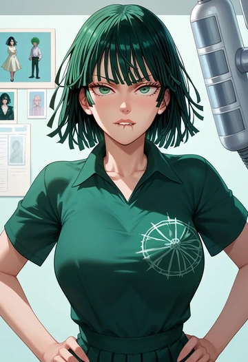 one-punch_man,fubuki_(one-punch_man),handwritten script shirt,dolphin shorts  - AI generated anime art