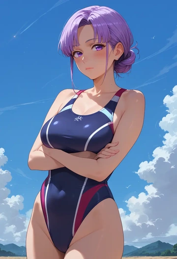 clannad,fujibayashi_kyou,racerback swimsuit,striped trim,name tag patch  - AI generated anime art