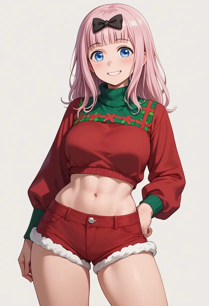 kaguya-sama_wa_kokurasetai_~tensai-tachi_no_renai_zunousen~,fujiwara_chika,Christmas,red velvet shorts,turtleneck sweater  - 