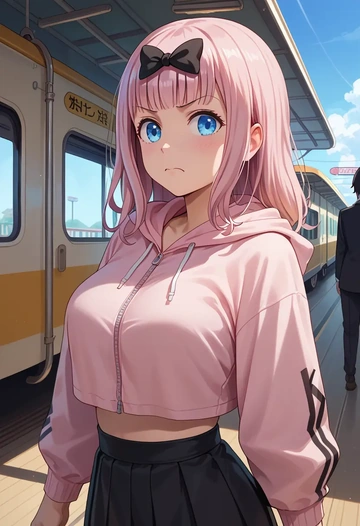 kaguya-sama_wa_kokurasetai_~tensai-tachi_no_renai_zunousen~,fujiwara_chika,crop hoodie,shorts  - AI generated anime art