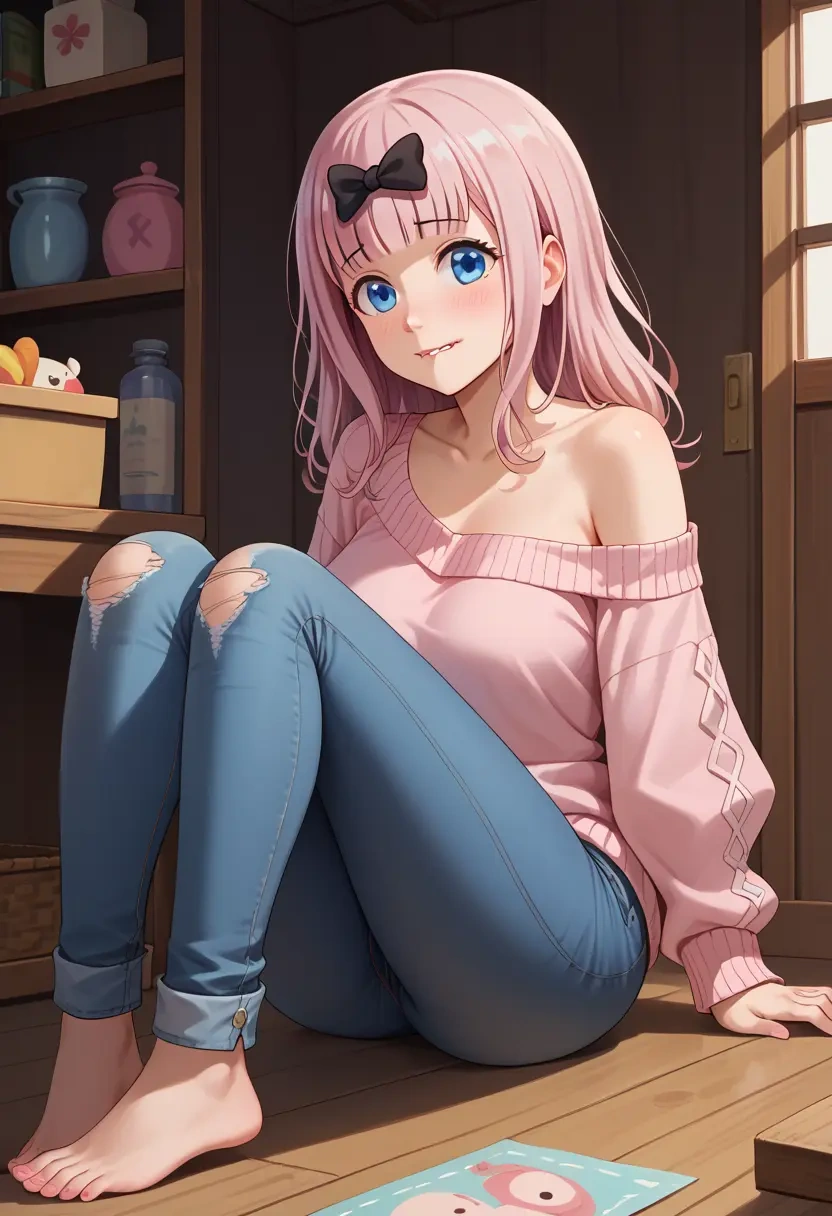 kaguya-sama_wa_kokurasetai_~tensai-tachi_no_renai_zunousen~,fujiwara_chika,sweater,off-shoulder,ripped jeans  - 