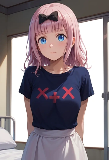 kaguya-sama_wa_kokurasetai_~tensai-tachi_no_renai_zunousen~,fujiwara_chika,handwritten script shirt,dolphin shorts  - AI generated anime art