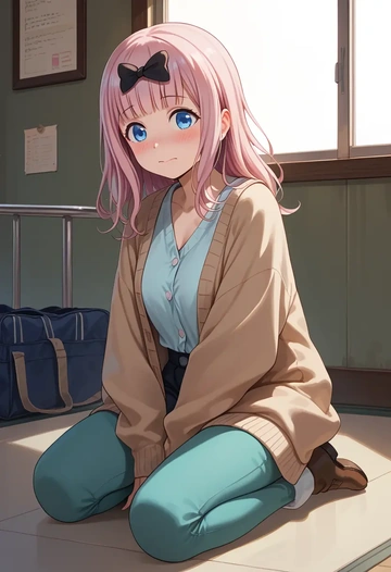 kaguya-sama_wa_kokurasetai_~tensai-tachi_no_renai_zunousen~,fujiwara_chika,cardigan,oversized,wide-leg pants  - AI generated anime art