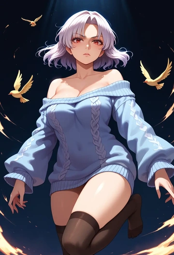 touhou,fujiwara_no_mokou,off-shoulder,sweater  - AI generated anime art