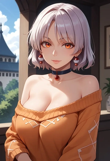 touhou,fujiwara_no_mokou,orange,sweater,choker  - AI generated anime art