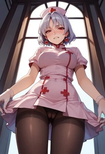 touhou,fujiwara_no_mokou,nurse pantyhose,mini skirt, sexy  - AI generated anime art