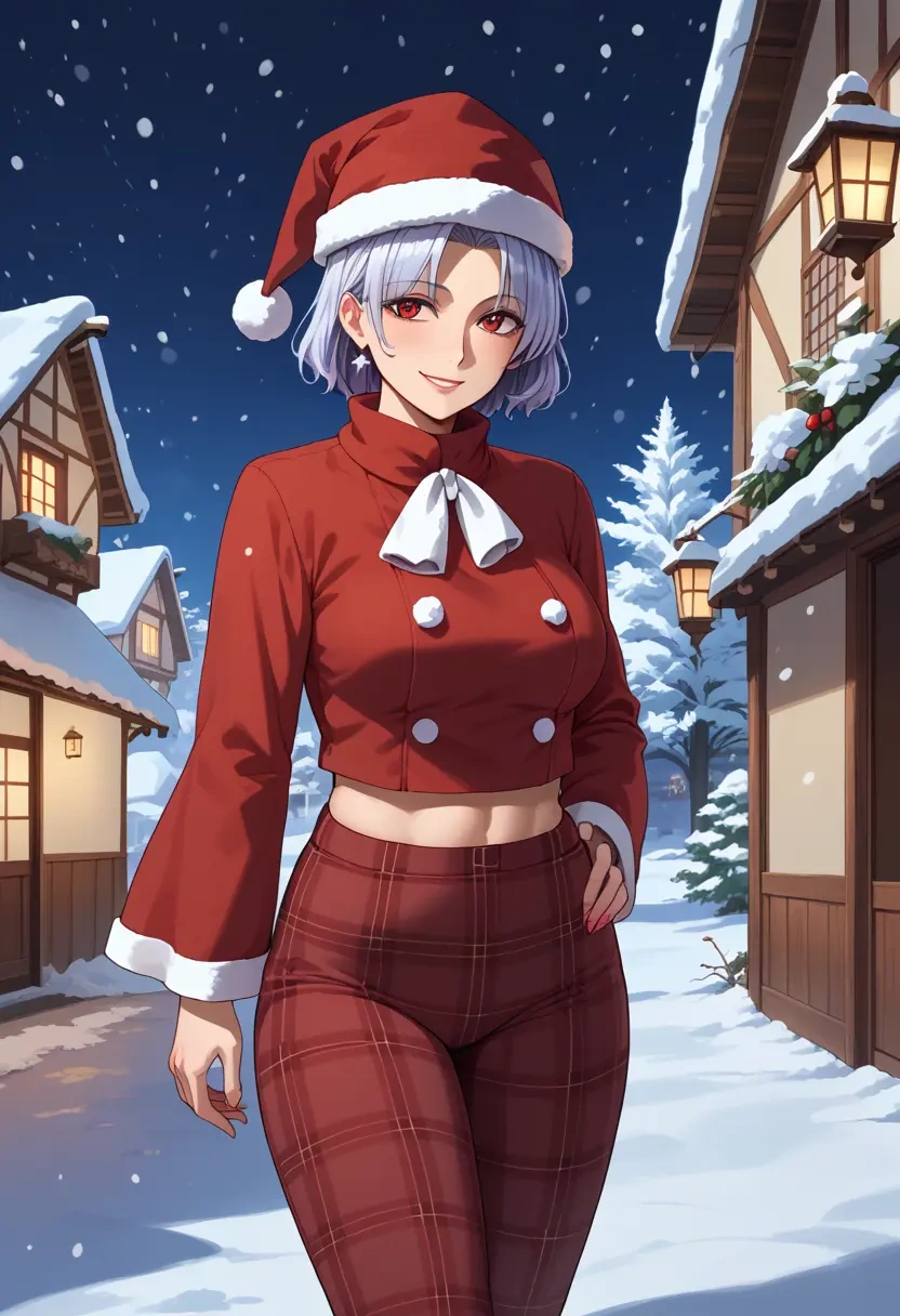 touhou,fujiwara_no_mokou,Christmas,plaid trousers  - 