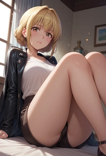 yuru_yuri,funami_yui,leather,shorts  - AI generated anime art