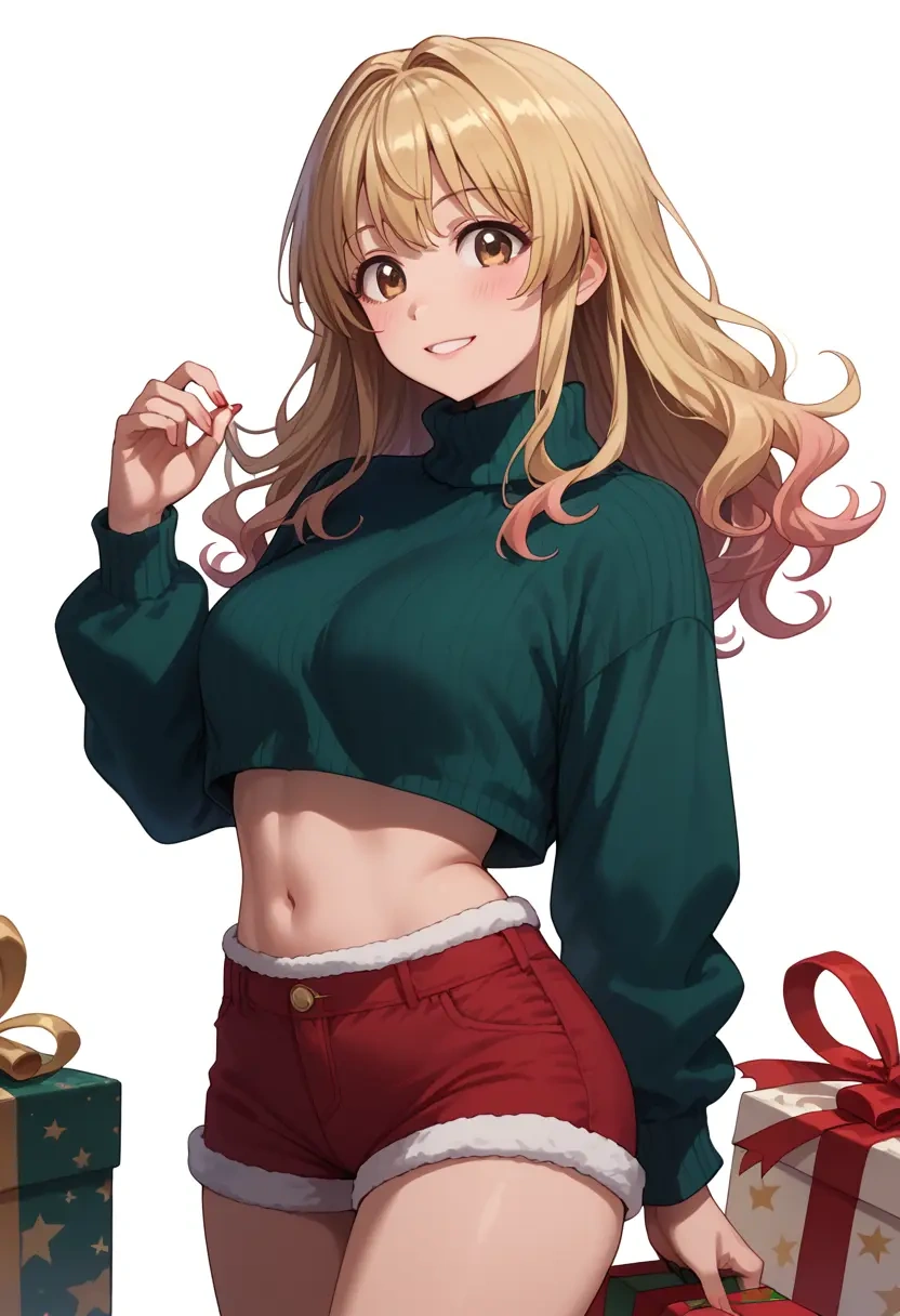 yuru_yuri,funami_yui,Christmas,red velvet shorts,turtleneck sweater  - 