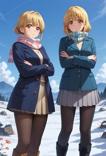 yuru_yuri,funami_yui,winter,student uniform,puffer coat  - AI generated anime art